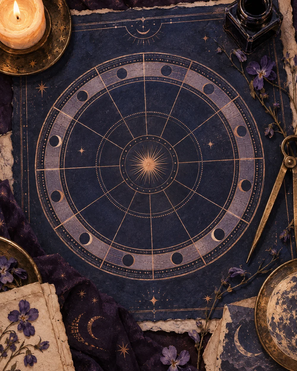 Illustrated chart wheel on a writing table with ink, candlelight, and pressed flowers